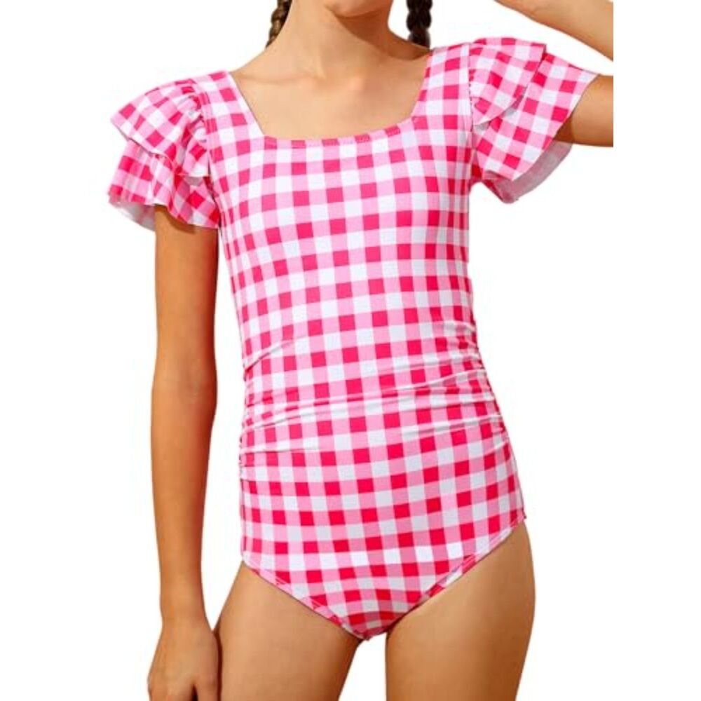 One Piece Girls Swimsuit Ruffle Strap (Gingham White Pink, 13-14Y)
